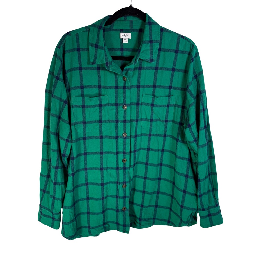 J.Crew Womens Green Navy Blue Plaid Windowpane Cotton Flannel Shirt Jacket XL